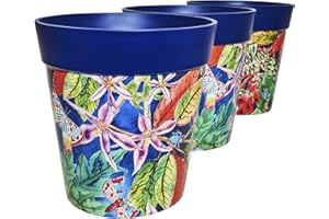 Hum Flowerpots, 22 cm, Lot de 3, Divers Motifs, Coloris et Tailles, Pots de Fleurs en Plastique Intérieur/Extérieur Feuilles Bleues et Papillons