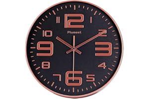 Plumeet Nowoczesny zegar ścienny, 30 cm, do sypialni, na baterie, cichy zegar kwarcowy, dekoracja kuchni, salonu, wyświetlacz liczb 3D, łatwy do odczytania (czarno-różowe złoto)