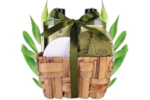 Accentra - Set da bagno da donna "Olive" in cestini in erba marina, set doccia con gel doccia, bagno in schiuma, bomba da bagno e spugna a rete, set da 4 pezzi per donne e ragazze