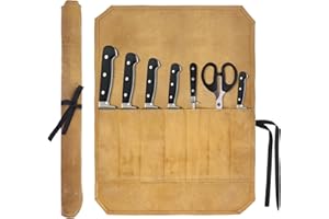 Minicoco Chefs Knife Roll Bag 7 Slots Waxed Canvas Chef Knife Roll Bag, Portable Knife Case Suitable for Chefs Cooks BBQ Hiking Camping（Khaki）