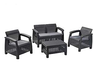 Keter GF06784 Corfu Outdoor 4 Seater Rattan Sofa Furniture Set with Accent Table - Graphite with Cream/Mushroom Cushions