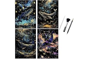 ShipeeKin 4x luminosos imágenes para rascar scratch art, 290 x 210 mm papel de pared cuadros rascadores con juego de herramientas (Ballenas)