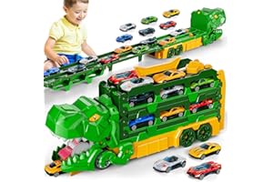 BLMUKCE Dinosaurier Spielzeug für Jungen & Mädchen 2-5 Jahre, Rennstrecken LKW Transporter mit 12 Spielzeugautos, 150 cm Faltbarer Auto Carrier, Geschenk zum Geburtstag für Kinder 3-6 Jahre