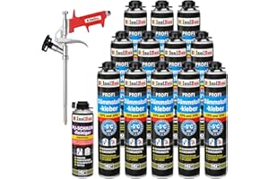 Isolbau B2 Dämmstoffkleber SET - 12 x 750 ml Perimeterkleber, 1 x PU-Schaum-Reiniger & 1x Schaumpistole für EPS & XPS-Platten - 1K PU-Klebeschaum für Fixieren und Isolieren