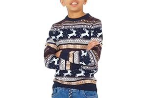 NOROZE Kids Unisex Festive Christmas Jumper – Reindeer Moose Fair Isle with Baubles Stockings & Santa Christmas Tree Snowflakes, Soft Nordic Winter Knit Sweater for Girls & Boys Holiday Xmas Jumper