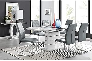 Furniturebox UK Dining Set - Renato Modern White Grey High Gloss Chrome Large Extending Dining Table and 6x Stylish Contemporary Elephant Grey Lorenzo Dining Kitchen Chairs Set (Table + 6 Chairs)