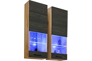 ExtremeFurniture T51 Wall Hanging Cabinets, Carcass in Wotan Matt/Front in Carbon Wood Matt + Multicolour LEDs with Remote