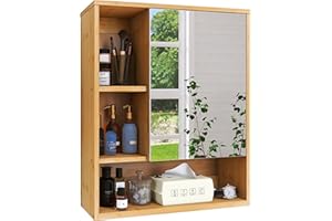 ‎SMIBUY SMIBUY Badezimmerschrank mit Spiegel an der Wand montiert, Bambus-Aufbewahrungs-Organizer über der Toilette, platzsparender Medizinschrank mit 2 Türen und verstellbaren Einlegeböden (Natur)