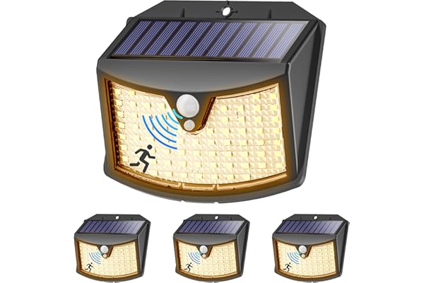 Giliwosy Luz Solar Exterior, 4 Paquete/3 Modos IP65 Impermeable Focos LED Exterior Solares con Sensor de Movimiento, Luces Solares LED Jardin para Garajes Caminos Puertas (Luz Calida)
