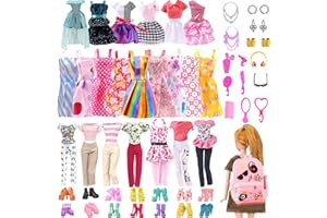 Carreuty 40PCS Doll Clothes Outfit Compatible with Barbie, 3 Dresses 5 Fashion Skirts 6 Causal Wear 10 Shoes 15 Jewelry Accessories and A Pink Backpack,Fashion Outfits for 11.5 inch Girl Doll