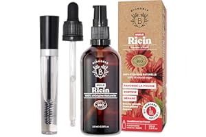 Bionoble Huile de Ricin Bio 100ml + Kit Mascara, Pipette et Pompe - Bouteille en Verre - 100% Pure, Naturelle, Pressée à Froid - Huile de Ricin pour Cheveux Cils Sourcils - Castor Oil, Huile Ricin