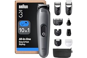 Braun 11-in-1 All-in-One Trimmer for Men, Series 3 Grooming Kit for Beard, Face, Hair, Body&Nose, Ultra Sharp Blade, 14 Length Settings, Washable Heads, 50-Min Cordless Use –AIO3565, Grey