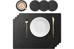KERYCHIN Silicone Placemats and Round Washable Coasters Set, Non-Slip Leaf Pattern Design, Heat Resistant 220°C, Easy to Clean for Kitchen, Restaurant, 40 x 30 cm, Black