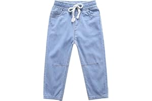 Adigau Boys Cuffed Jeans Kids Elastic Waistband Denim Pants Casual Trousers with Drawstring Pockets Joggers Sweatpants School Blue