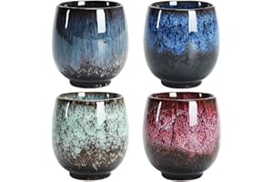 Lanbent Juego de tazas de té de cerámica japonesa, juego de 4 tazas hechas a mano, multicolor esmaltado flameado, para el hogar, oficina, regalos