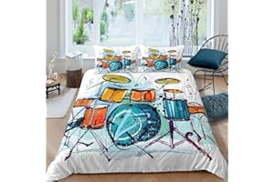 Loussiesd Schlagzeug Kit Bettwäsche Set 135x200cm Rockmusik unter dem Motto Bettbezug Set für Kinder Young Man Teens Musikalisches Muster Betten Set Jugendstil Schlafzimmer Dekor 2St