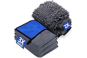 YSWOVUO Juego de 3 Piezas Bayeta Microfibra & 2 Piezas Manoplas de Secado Lavado, 600 g/m² Toalla Secado Coche para Secar Sin Arañazos y Pulir (40 x 30 cm)