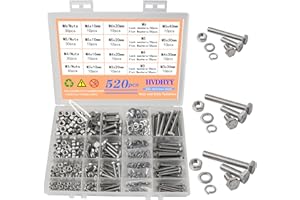 HVDHYY Screws and Nut Set M3, M4, M5, M6 Hexagonal Screws DIN 933 A2-70 Stainless Steel Threaded Screws, Washers, Nuts and Bolts, 16 Sizes with Reusable Storage Box – 520 Pieces