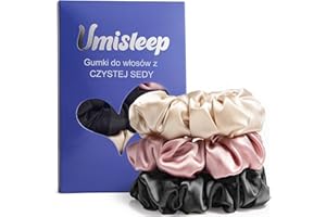 Umisleep 3-częściowy zestaw 100% Mulberry Silk Scrunchies dla kobiet, delikatne gumki do włosów dla mniej puszenia się włosów i łamania włosów, elastyczne gumki do włosów bez odcisków (różowe, czarne,