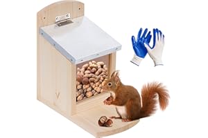 valuents Eichhörnchen Futterhaus mit Klappe – Futterstation – wetterfest aus Kiefernholz mit Zinkdach – Selbstmontage +Plus: Gartenhandschuhe