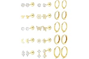 ADRAMATA 15Pairs 14K Gold Plated Flat Back Earrings - Hypoallergenic Surgical Stainless Steel Stud Hoop Earrings for Women Girls Cute Stud Earring Set Small Huggie Hoops Cartilage Earring Stacks