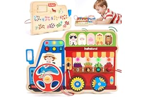 hahaland Busy Board Montessori – Tableau d’Activités en Bois avec Volant, Lumières LED, Engrenages, Interrupteurs & Sons d’Animaux – Jouet Éducatif & Motricité Fine, Cadeau Fille Garçon 1–3 Ans
