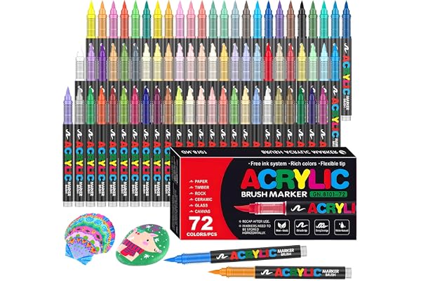 Efimeso 72 Couleurs Feutre Acrylique, Marqueur Peinture Acrylique à Pinceau à Base D'eau, Acrylic Paint Marker pour Roche, Toile, Bois, Pierre, Céramique, Verre, Tissu