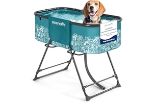 SereneLife Hundebadewanne, Erhöhte & Faltbare Badewanne mit 3-Punkt-Gurt, Ablauf & Seitentaschen, Ideal für Reisen, Balkon & Zuhause, Für Haustiere bis 59 kg