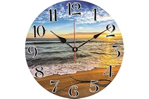 ‎TAHEAT TAHEAT 30 cm Meer Strand Wanduhr, Dekorativ Sonnenuntergang und Wellen Uhren, Lautlos Ohne Tickgeräusche Holz Wanduhren für Schlafzimmer, Badezimmer, Küche, Esszimmer