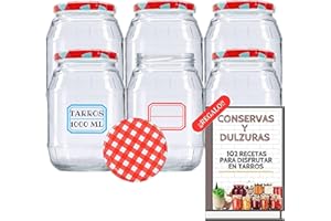 MUNDOTARROS 6 Tarros de Cristal de 1000ml con Tapas + Ebook con 102 Recetas para Conservas - Botes de 1 Litro con Tapa de Rosca - Cierre Hermético para Alimentos Caseros - Incluye Etiquetas (Tapas a Cuadros)
