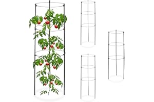 Relaxdays Rankhilfe 4er Set, Metall & Kunststoff, 60 cm hoch, 3 verstellbare Ringe, Rankstütze Kletterpflanzen, schwarz