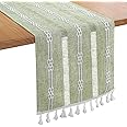 Bigqin Boho Table Runner with Tassels, 183x33cm/72"x13" Table Decoration, Linen Beige Table Runner Tablecloth for Home Wedding Decoration, Green
