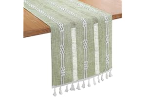 Bigqin Boho Table Runner with Tassels, 183x33cm/72"x13" Table Decoration, Linen Beige Table Runner Tablecloth for Home Wedding Decoration, Green
