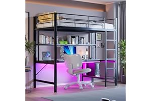 Wyibwy Cama alta para niños de 90 x 200 cm, cama individual de metal con enchufes USB y eléctricos, con iluminación LED, escritorio, con barandillas y escalera, varios estantes, sin colchón, color