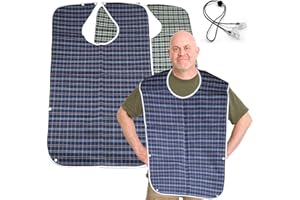 AMANDELIZABE 2 bavaglini lavabili per adulti, riutilizzabili per adulti, per mangiare uomini, donne, bavaglini impermeabili per adulti, anziani e disabili con 1 clip, blu/verde, L