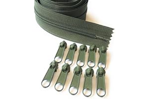 ADS Zipper Continuous Nylon No.5 Zip with Sliders #5 Chain Zipper on Roll with 10 Pullers (Green (Olive - 327), 196.8" - 5 metre)