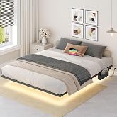 MAHANCRIS Bed Frame 160 x 200 cm with Charging Base and LED Strips, Floating Metal Bed Frame, Double Bed, Guest Bedroom, Blac