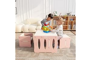 BanaSuper Juego de Mesa y Silla para Niños Escritorio de Actividades de Plástico para Chiquillos con 2 Taburetes Juego de Muebles multifunción para pequeños en Edad Preescolar (Rosa Blanco)