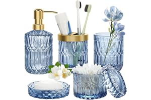 E-GREETSHOPPING 5 Stück Glas Badezimmer Zubehör Sets, Luxuriöses Badezimmer Zubehör Badezimmer Organizer von Lotionspender, Seifenschale, Zahnbürstenhalter, Becher, Moderne Badedekoration Badezimmer-Zubehör, Blau
