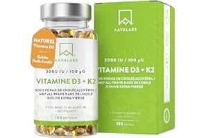 AAVALABS Vitamine D3 K2 avec de l'Huile d’Olive Vierge - Vitamine D3 2000 UI et Vitamine K2 MK7 100 μg pour Os, Muscles, Système Immunitaire - Vitamine D Vitamine K sans OGM, Gluten et Lactose - 180 Gélules