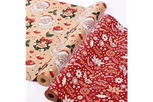 AhfuLife 2 Rouleau Kraft Papier Cadeau de Noël, 43cm×15m Recyclable Papier d'Emballage pour Enfant Emballage des Cadeaux de Noël, Décoration de Fete (V:Cloches Rouges/Couronne de Fleurs)