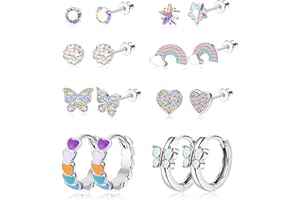 YADOCA 8 Pares Pendientes Niñas Hipoalergeniños para Mujer Acero Quirúrgico Arcoíris Pendientes de Rosca Pendientes de Aro Pendientes de Mariposa con Flor de Corazón de Perla