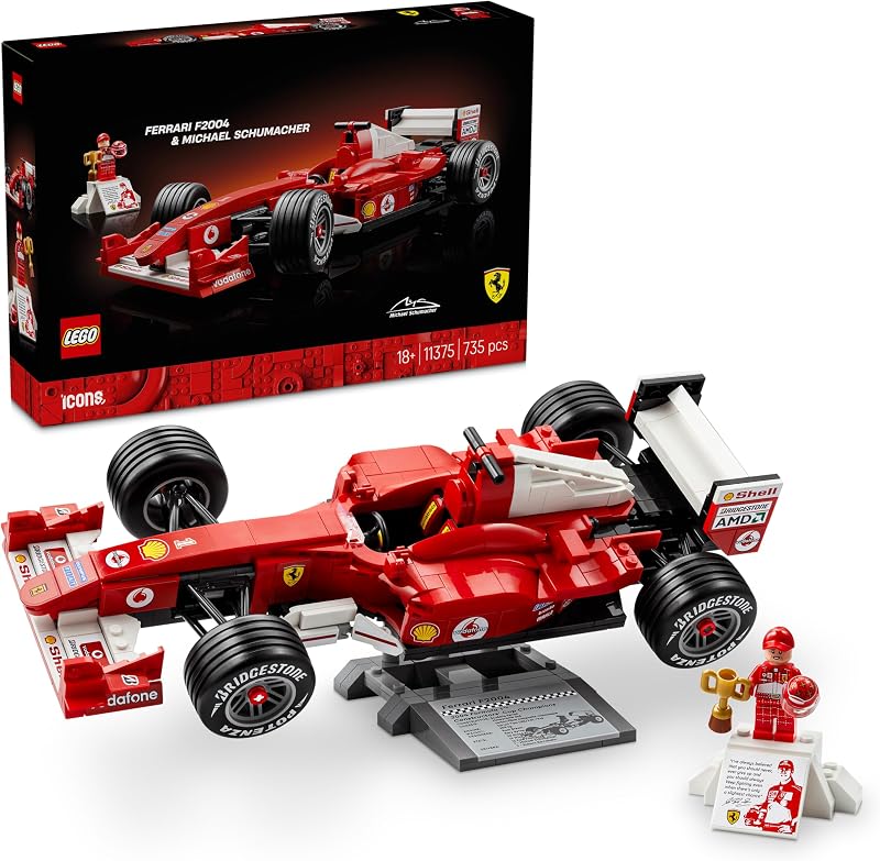 LEGO Icons Ferrari F2004 e Michael Schumacher - Modello di Auto F1 per Adulti - Set con Motore V10 e Minifigure da Collezione del Pilota - Regalo Fai da Te per i Fan degli Sport Motoristici - 11375