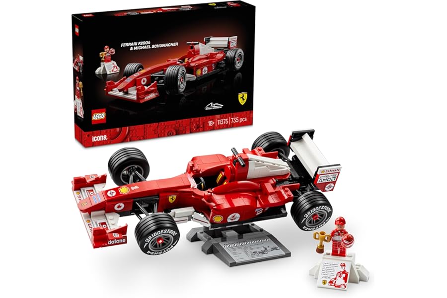 LEGO Icons Ferrari F2004 and Michael Schumacher - F1 Car Model for Adults - V10 Engine and Pilot Collectible Minifigure Set - DIY Gift for Motorsports Fans - 11375