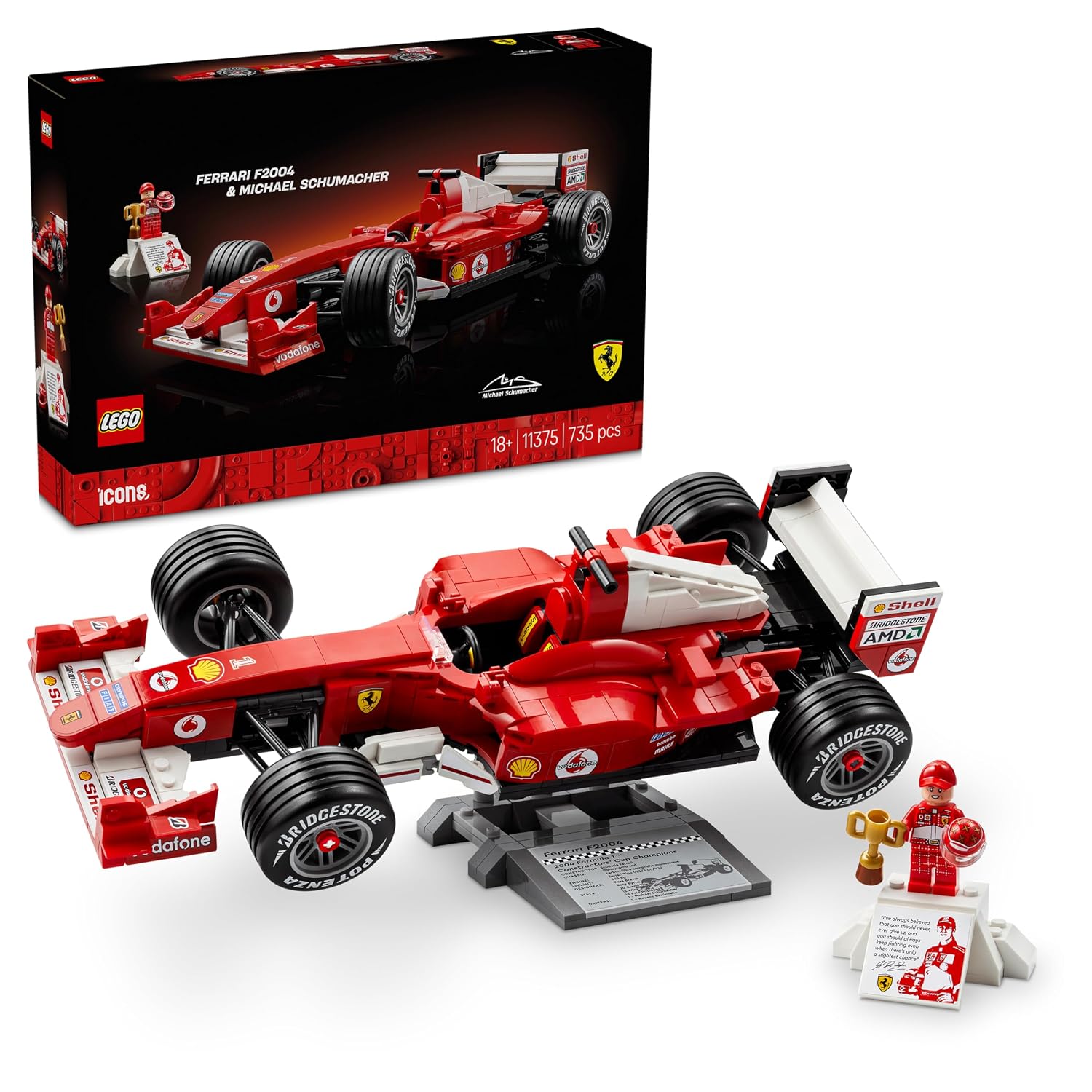 LEGO Icons Ferrari F2004 e Michael Schumacher - Modello di Auto F1 per Adulti - Set con Motore V10 e Minifigure da Collezione del Pilota - Regalo Fai da Te per i Fan degli Sport Motoristici - 11375