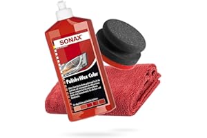 ‎DETAILMATE detailmate SONAX Hand Polier Bundle - SONAX Polish+Wax Color rot 500ml Handpolierschwamm hart Ø90/50mm Edgeless Mikrofaser Poliertuch 550GSM rot