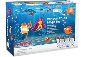 KREUL 42940 - Window Color Set Magic Sea für Kinder, 7 x 29 ml Fenstermalfarben, Komplettset mit brillanten Farben im Pen und Motivvorlagen
