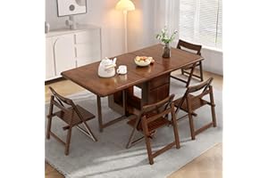 Hearthform Space Saving Foldable Dining Table with Wheels, Solid Wood Extending Kitchen & Dining Table Set in Walnut, Rolls Away for Storage (150CM Dining table+4 chairs)