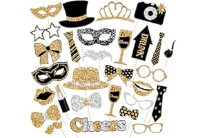 YPLonon 30pcs Photo Booth Props Kit Black and Gold Party Props Accessories with Moustache Lipstick Tie and Glasses Multipurpose Funny Photo Props for Graduation Decorations Birthday Wedding