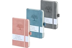 HOMEMARS Carnet de Notes, Petit Carnet, Petit Cahier, 3 Paquet, Cahier de Note, Carnet de Voyage, 14.4 cm x 9.6cm, Rose Bleu Gris, 192 Pages Chacune, Motif d'arbre en Relief, Cuir végétalien